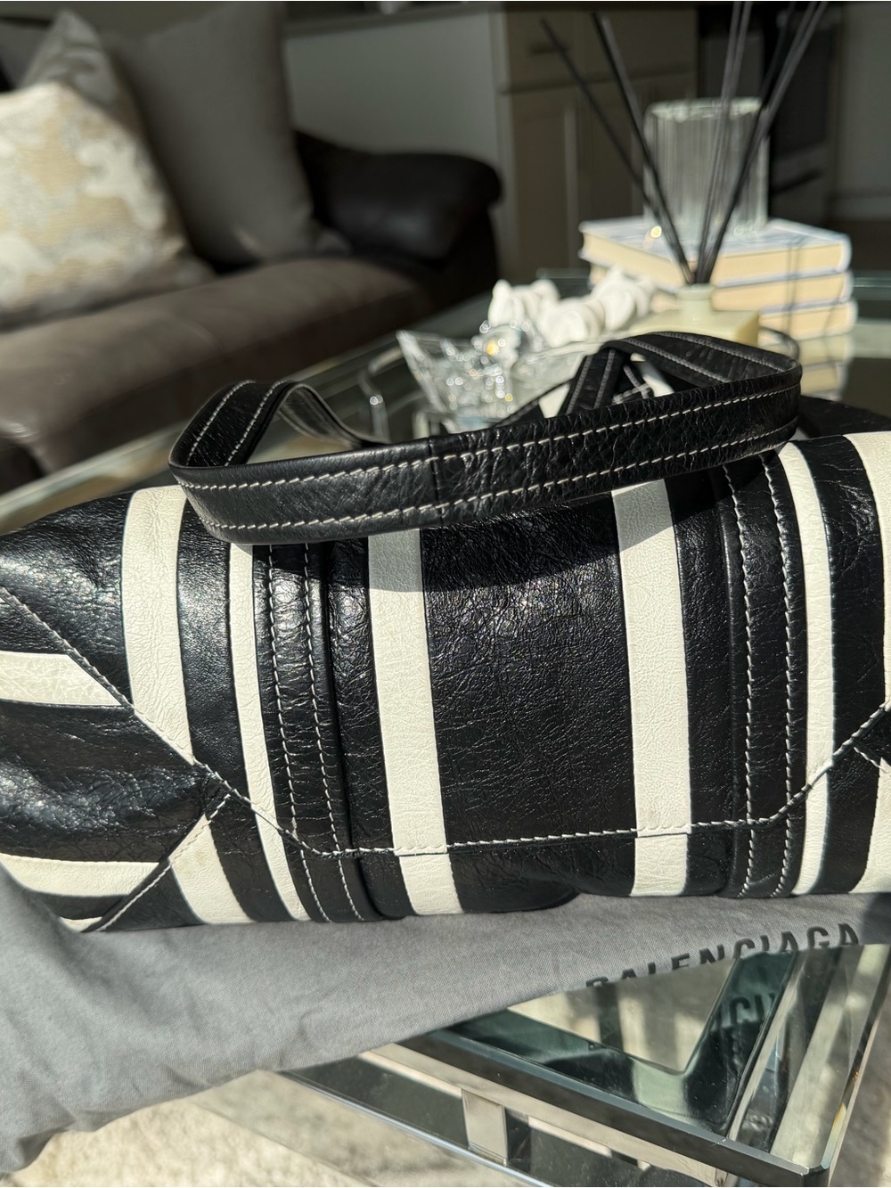 Balenciaga Black & White Vertical Stripe Leather Tote - Picture 4 of 5